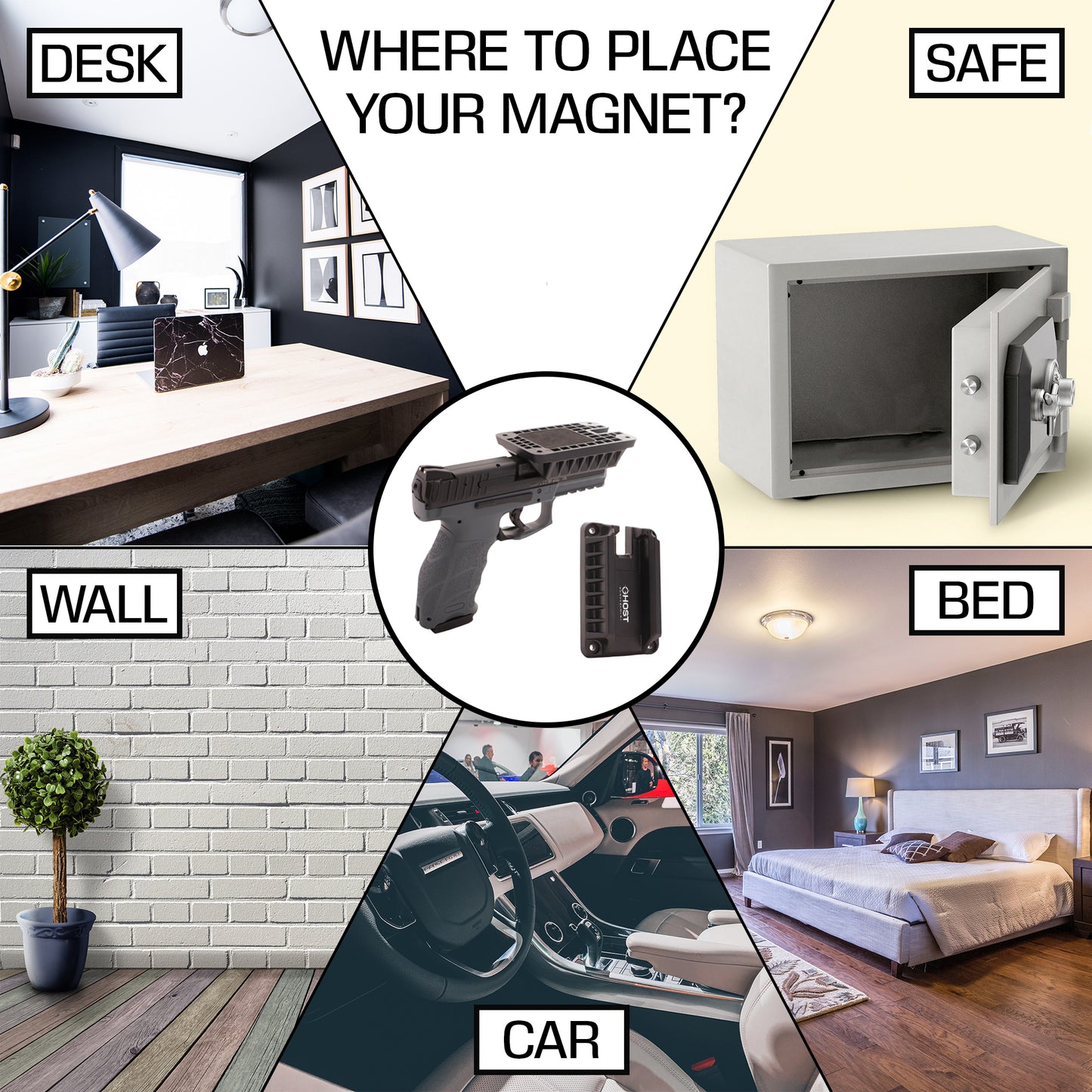 TACTICAL QUICK LOAD GUN MAGNET MOUNT HOLSTER - MAGNETIC CAR GUN MOUNT PISTOL HOLDER - GUN RACK WALL MOUNT, BEDSIDE HOLSTER, QUICK LOAD & FAST DRAW GUN MOUNT FOR SELF DEFENSE