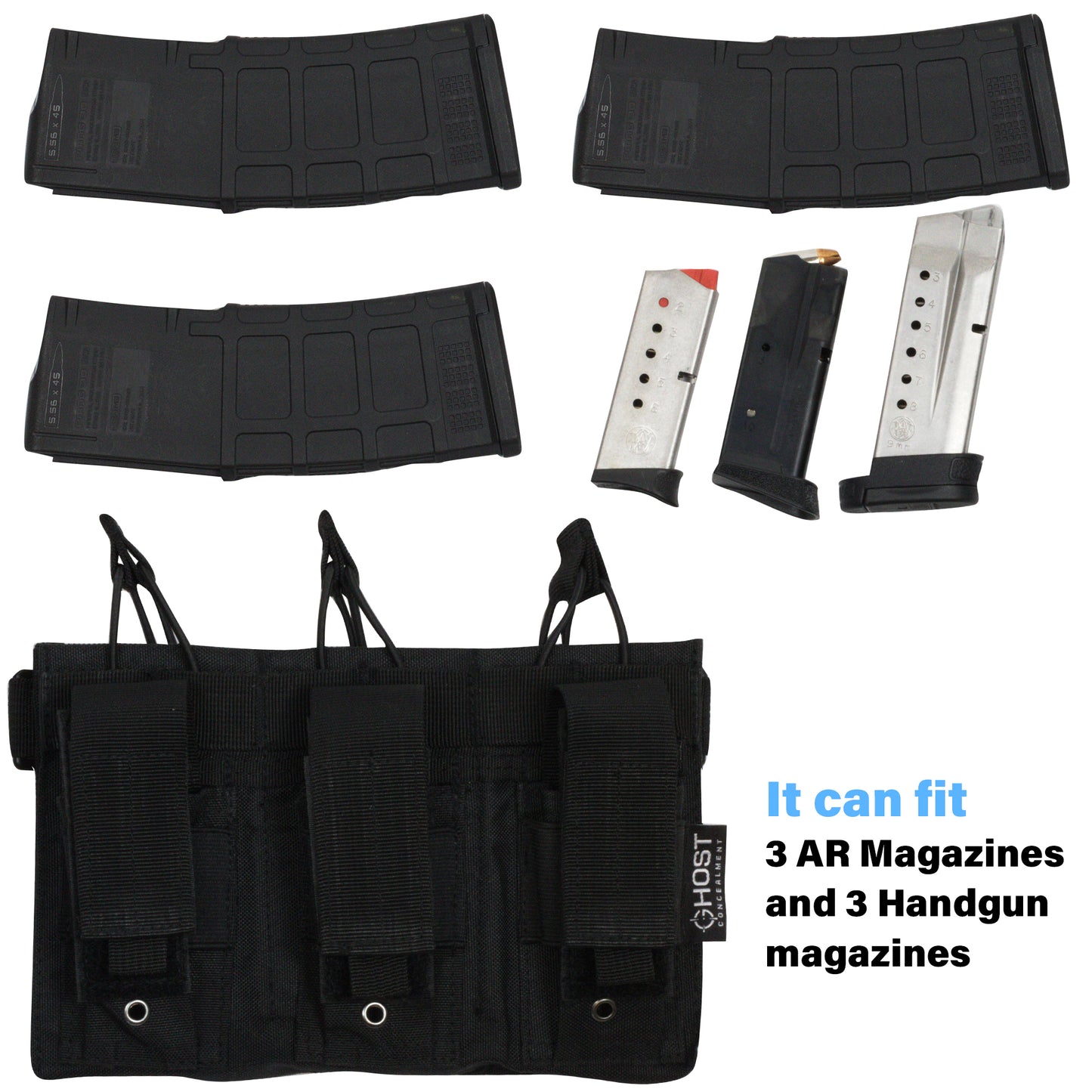 RIFLE AND PISTOL MAG POUCH WITH TRIPLE MAGAZINE STORAGE FOR AR, M4, 9MM, GLOCK, AND TACTICAL FIREARMS, DUAL CARRIER POUCH WITH OPEN TOP MOLLE ACCESS, BLACK